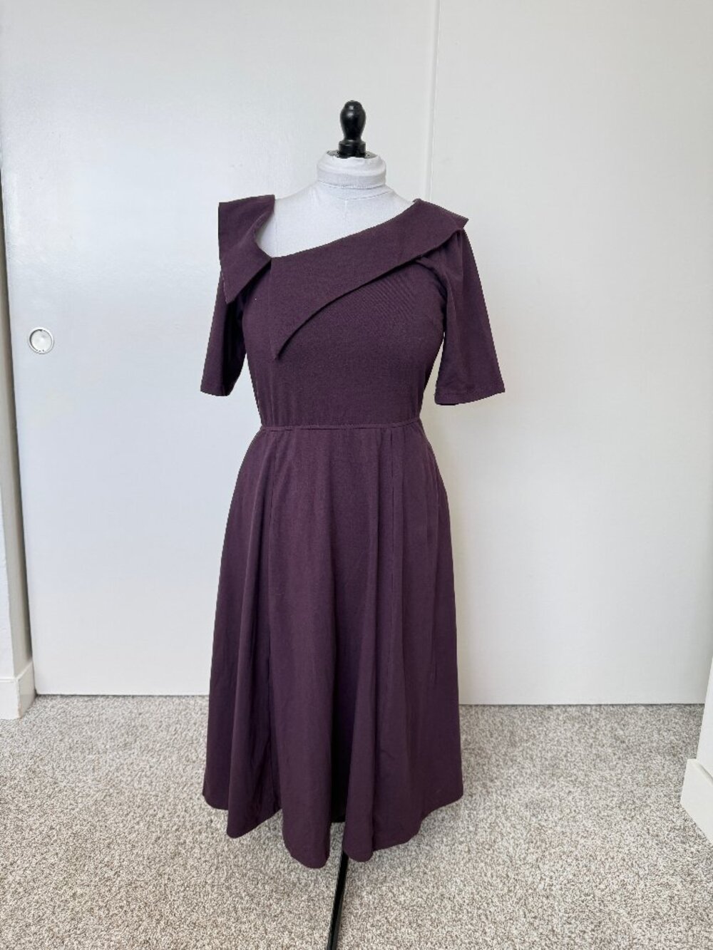 Purple, asymmetrical, retro style, cotton, knit dress
